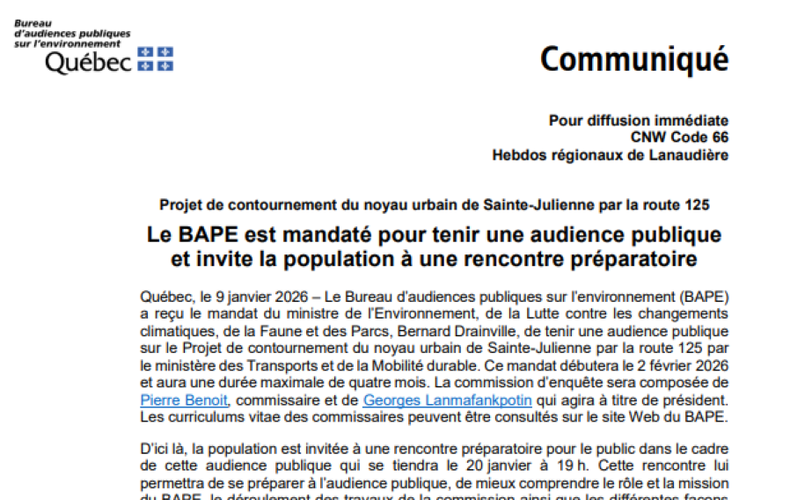 Projet de contournement du noyau urbain de Sainte-Julienne par la route 125